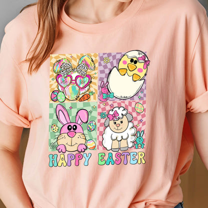 May include: A light pink t-shirt featuring a colorful Easter-themed graphic. The design includes a bunny wearing sunglasses, a chick hatching from an egg, a pink bunny, and a sheep. The words "HAPPY EASTER" are at the bottom.