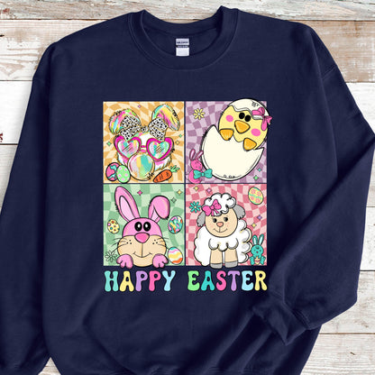 May include: A navy blue sweatshirt with a graphic of four cartoon animals: a bunny, a chick, a lamb, and a rabbit. The animals are surrounded by colorful Easter eggs and the text "Happy Easter".