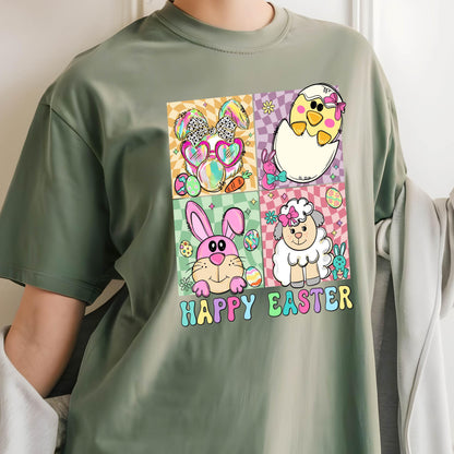 May include: A green t-shirt with a colorful graphic of a bunny, chick, and lamb with the text "Happy Easter".