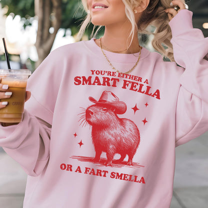 May include: Light pink sweatshirt with a red graphic of a capybara wearing a cowboy hat. The text reads "You're either a smart fella or a fart smella". The sweatshirt has long sleeves and a crew neck.