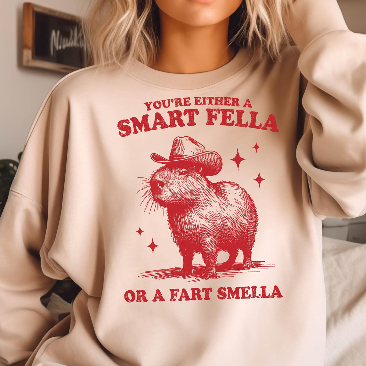 May include: Beige sweatshirt with a red graphic of a capybara wearing a cowboy hat. The text reads "YOU'RE EITHER A SMART FELLA OR A FART SMELLA" in red. Four red star shapes are also included in the design.