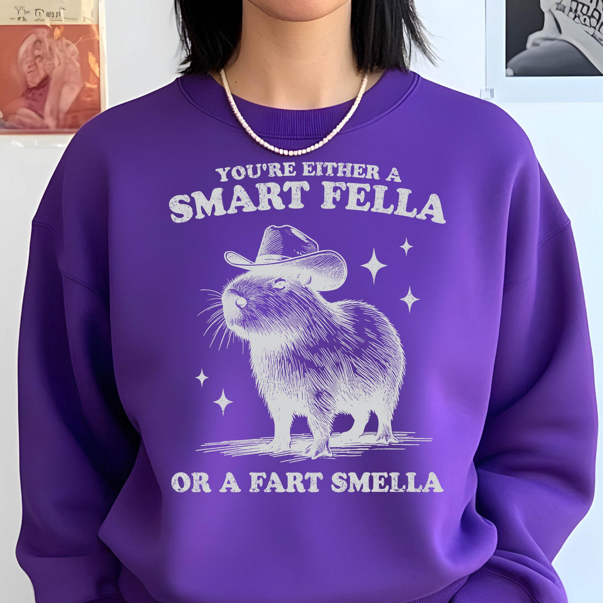 May include: A purple sweatshirt with the text "YOU'RE EITHER A SMART FELLA OR A FART SMELLA" in white. A cartoon capybara wearing a cowboy hat is in the center. White stars are scattered around the capybara.