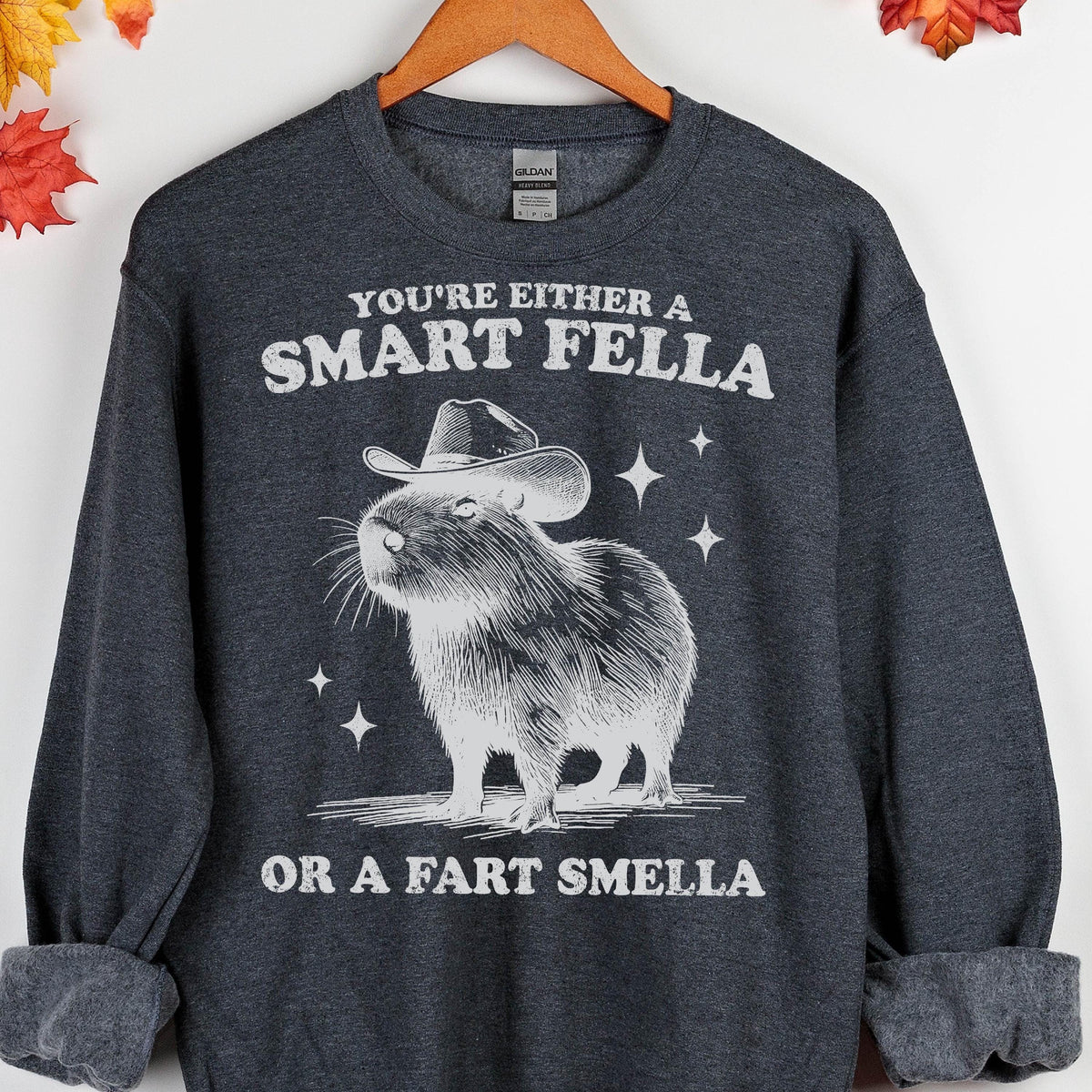 May include: Dark gray sweatshirt with the text "YOU'RE EITHER A SMART FELLA OR A FART SMELLA" and a graphic of a capybara wearing a cowboy hat. The design is in white. The sweatshirt is hanging on a wooden hanger.