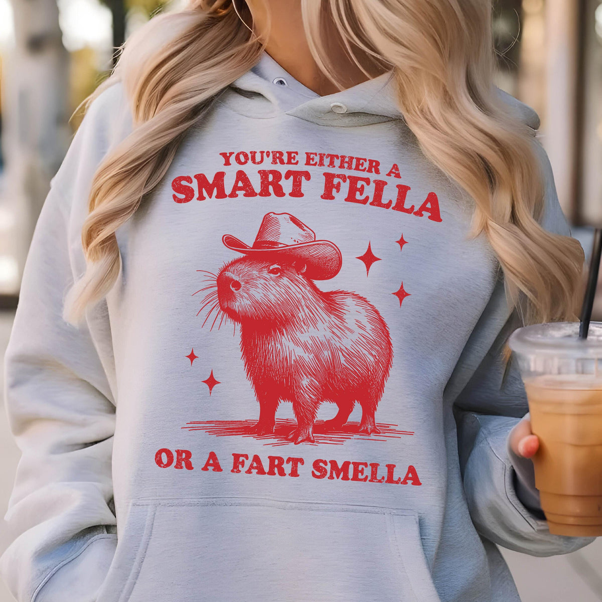May include: A light gray hoodie featuring a red illustration of a capybara wearing a cowboy hat. The text above the capybara reads "YOU'RE EITHER A SMART FELLA" and below it reads "OR A FART SMELLA".