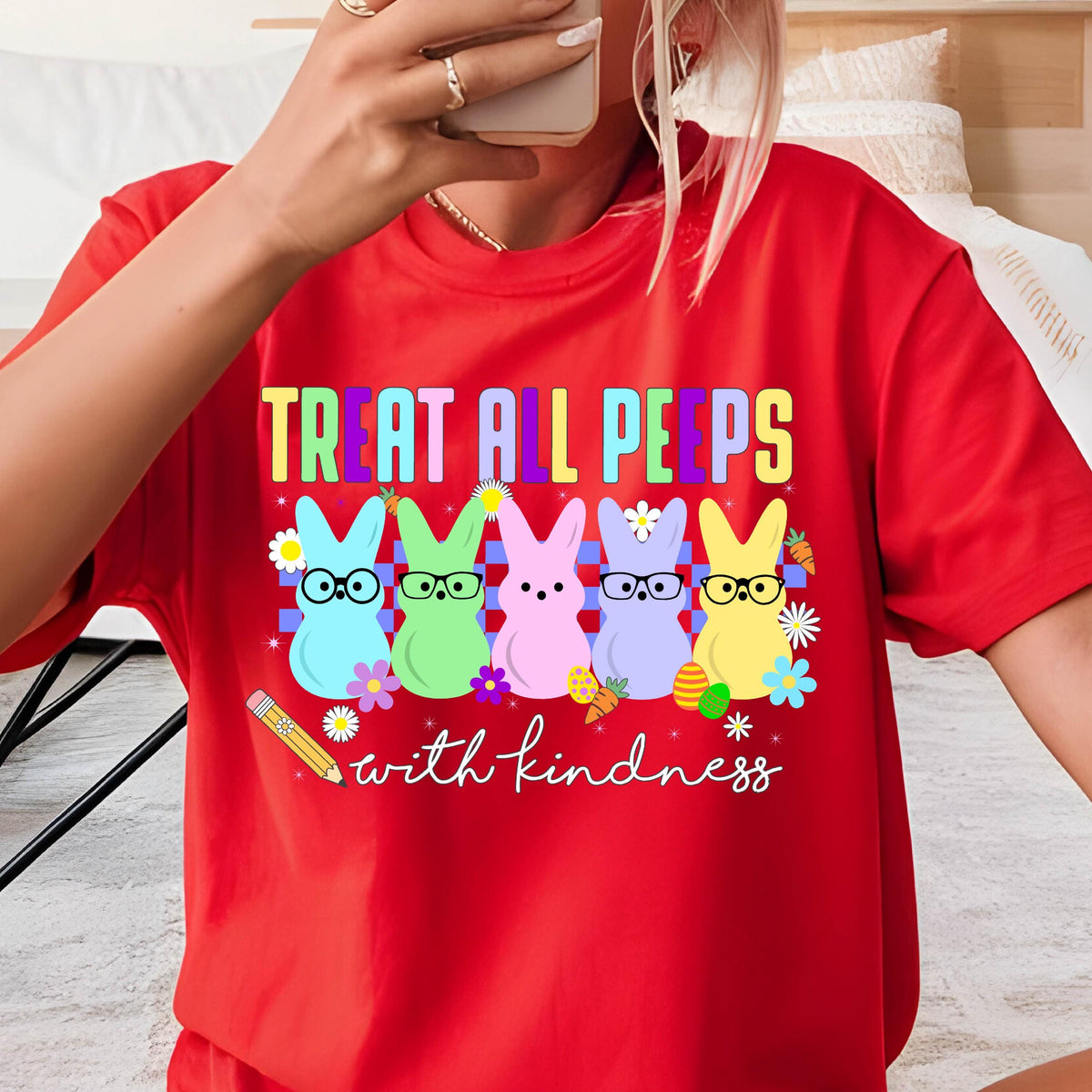 May include: Red t-shirt with a graphic of five colorful Peeps with glasses and the text "Treat all peeps with kindness".