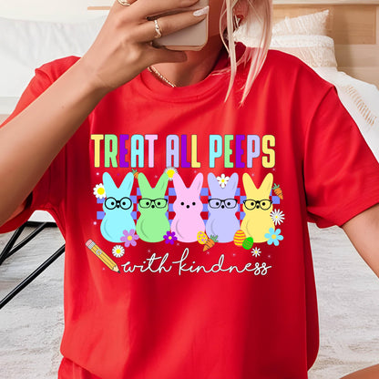 May include: Red t-shirt with a graphic of five colorful Peeps with glasses and the text "Treat all peeps with kindness".