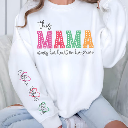 May include: White sweatshirt with the text "this MAMA wears her heart on her sleeve" in colorful letters with white polka dots. The sleeve has the names "William", "Robert", and "Betty" written in cursive with hearts.