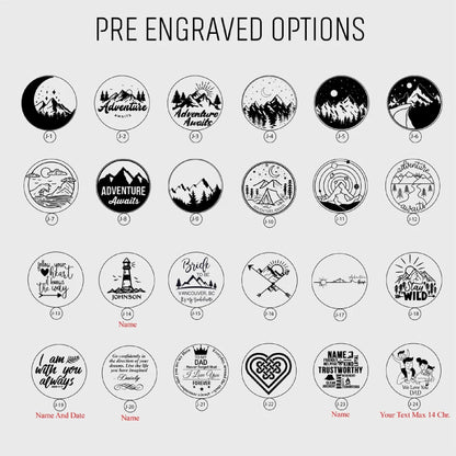 May include: A collection of twenty-four circular black and white pre-engraved design options labeled J-1 through J-24. The graphics include mountain landscapes, adventure themes, hearts, a lighthouse, and various text-based quotes for customization.
