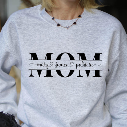 May include: Gray sweatshirt with the word "MOM" in large black letters. The word "MOM" is separated by a line with the names "mary", "james", and "patricia" written in cursive with hearts between each name.
