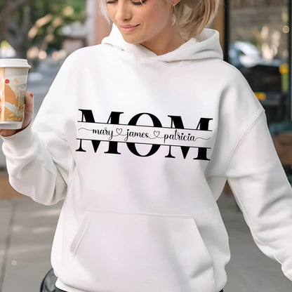 May include: White hooded sweatshirt with the word "MOM" in black letters and the names "mary", "james", and "patricia" written below in a cursive font.