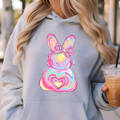 May include: A gray hoodie with a pink and blue swirl design of an Easter bunny with a yellow heart and a pink bow.