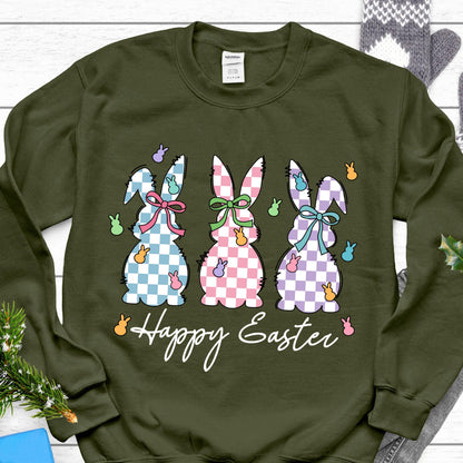 May include: Green sweatshirt with a checkered bunny rabbit design and the text "Happy Easter".