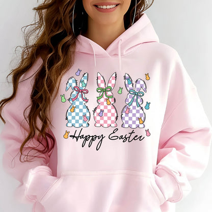 May include: A pink hoodie with a graphic of three checkered Easter bunnies and the text "Happy Easter".