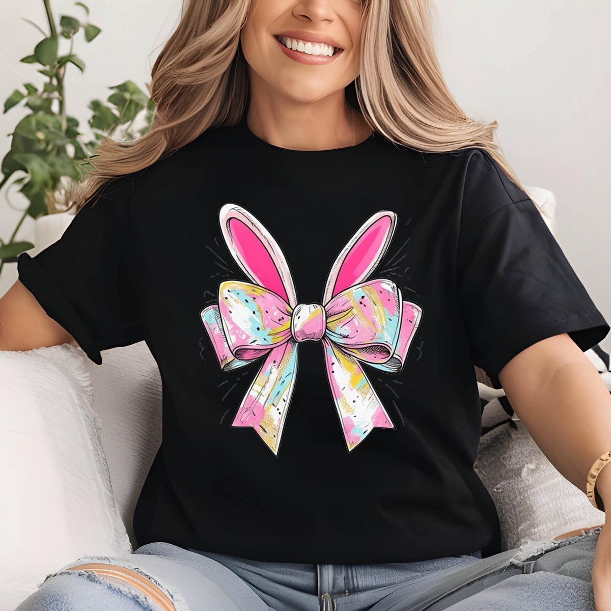 May include: Black t-shirt with a pink and white bow with bunny ears. The bow has a colorful, abstract pattern.
