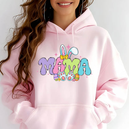 May include: Pink hoodie with a colorful graphic of the word "MAMA" with bunny ears and Easter eggs. 