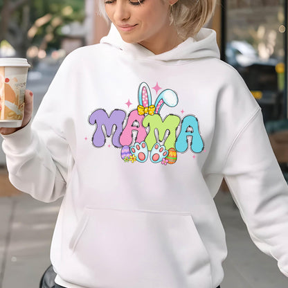 May include: White hoodie with a colorful graphic of the word "MAMA" with bunny ears and Easter eggs. 