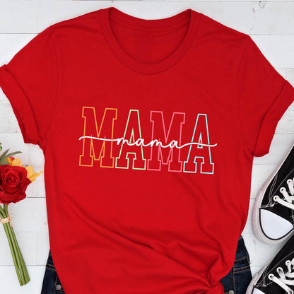 May include: Red t-shirt with a rainbow colored "MAMA" graphic with the word "mama" written in cursive underneath.