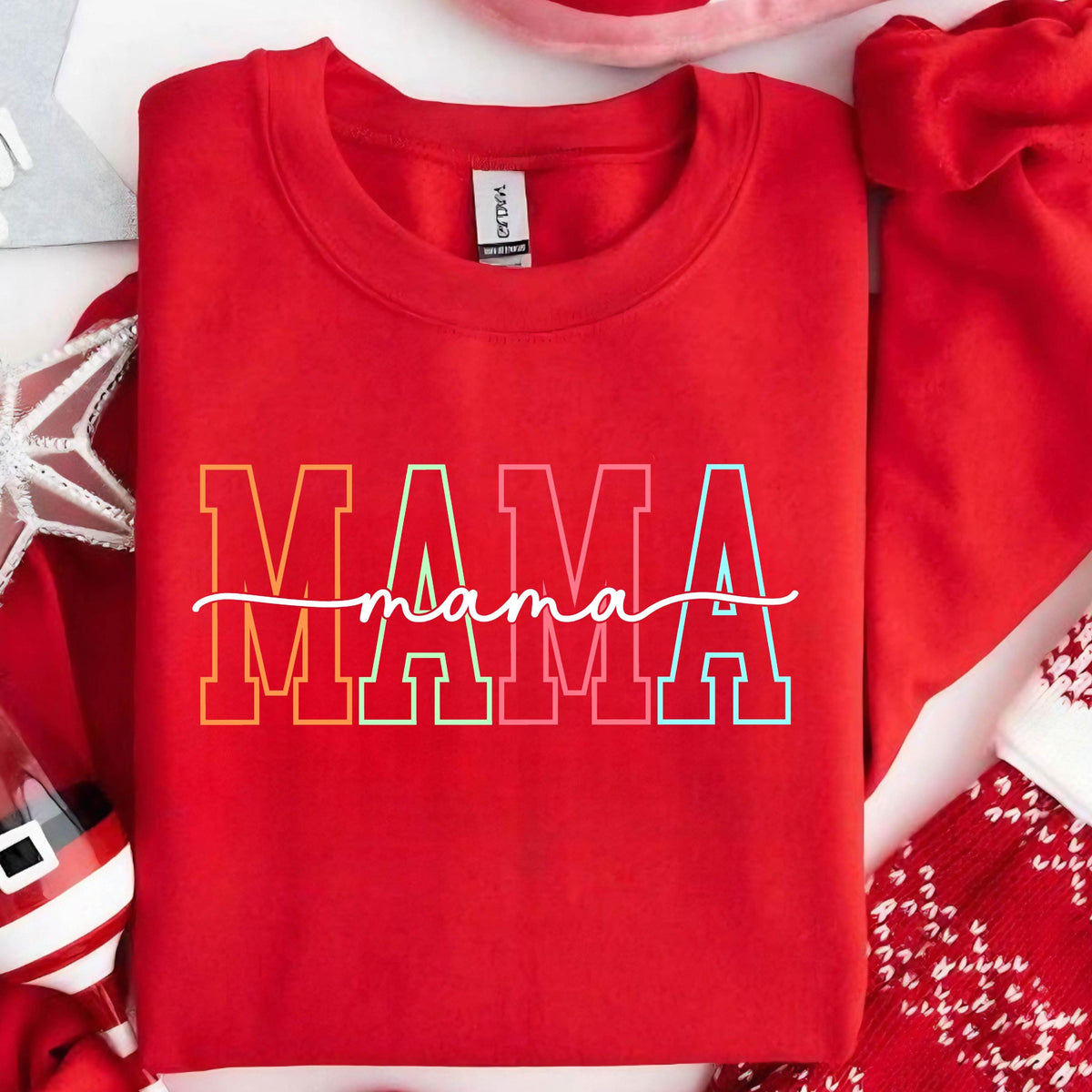 May include: Red sweatshirt with the word "MAMA" in rainbow colors and the word "mama" in white script underneath.
