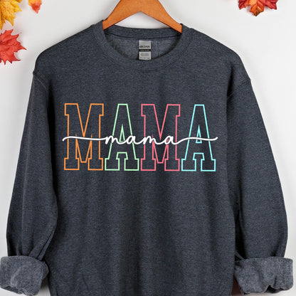 May include: A dark gray sweatshirt with the word "MAMA" in rainbow colors with a handwritten "mama" underneath.