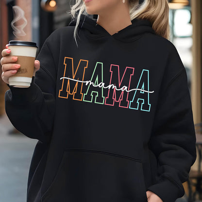 May include: Black hoodie with a rainbow colored "MAMA" graphic and the word "mama" written in cursive underneath.