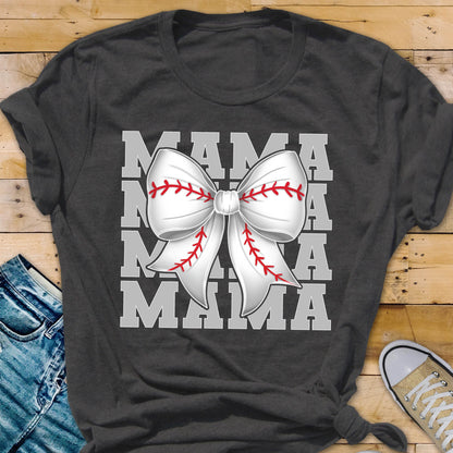 May include: Gray t-shirt with a white baseball-themed bow and the text "MAMA" repeated four times.
