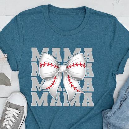 May include: A teal blue t-shirt with the word "MAMA" repeated four times in a gray font. A white baseball-themed bow with red stitching is centered on the shirt.