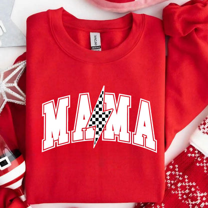 May include: Red sweatshirt with a white graphic of the word "MAMA" with a checkered lightning bolt in the middle.