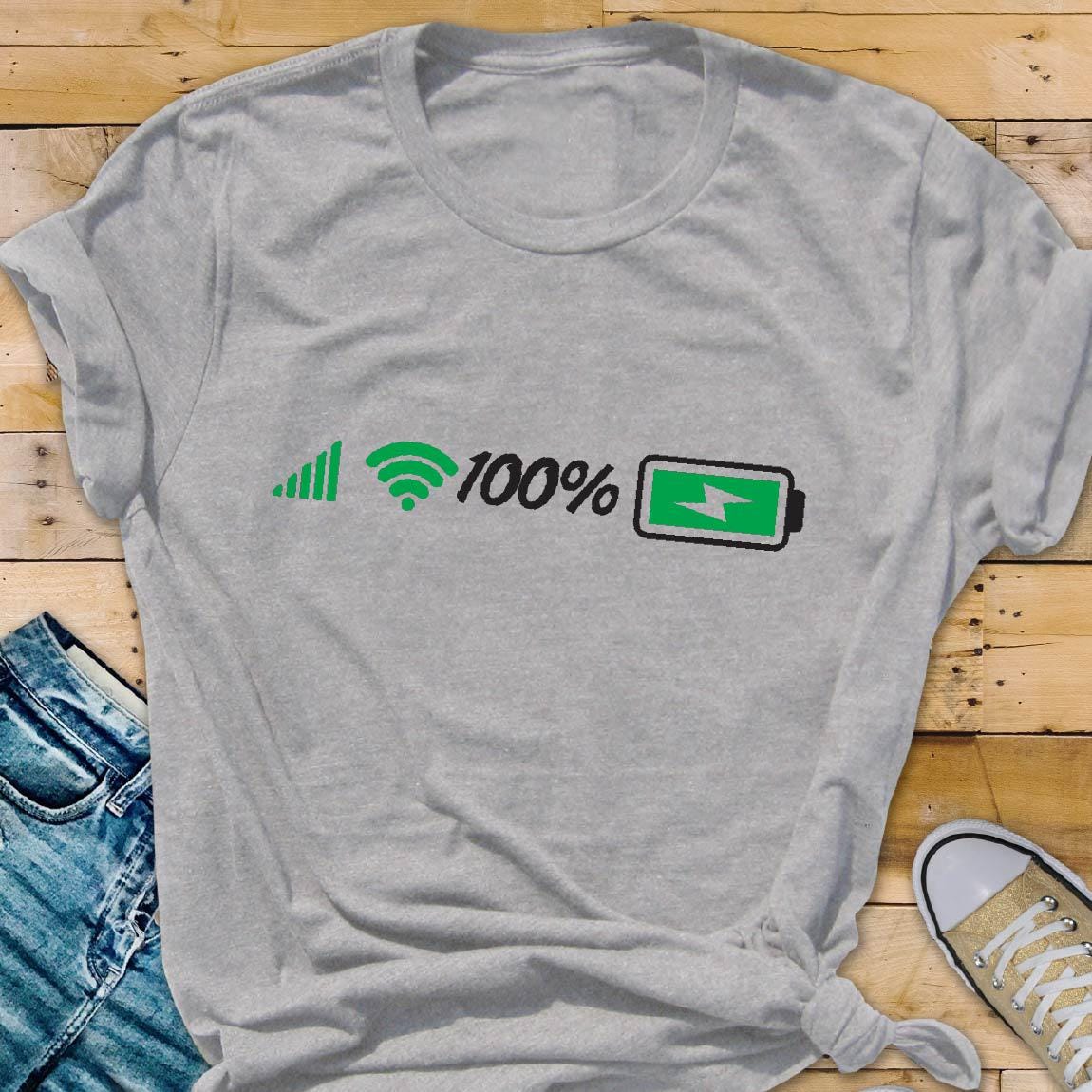 May include: Gray t-shirt with a green wifi signal, the text "100%", and a green battery icon with a lightning bolt inside.