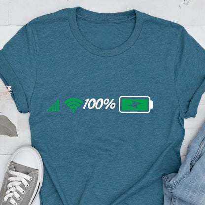 May include: A teal blue t-shirt with a white graphic of a wifi signal, the number 100%, and a battery icon that is 100% full.