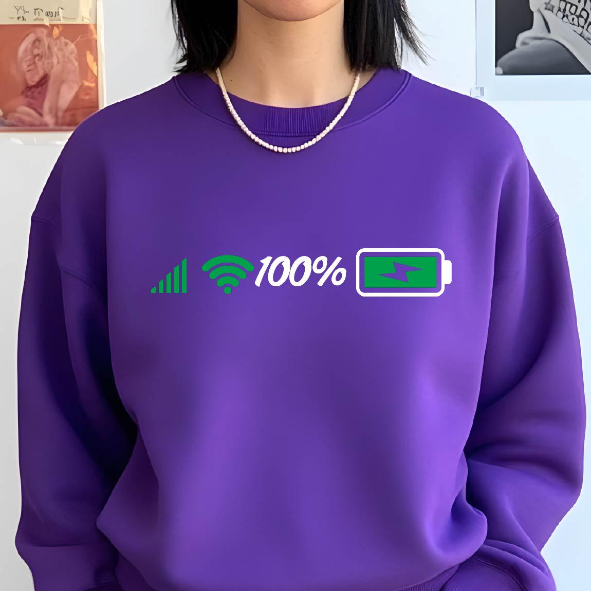 May include: Purple sweatshirt with a green graphic of a wifi signal, 100%, and a battery icon with a lightning bolt inside.