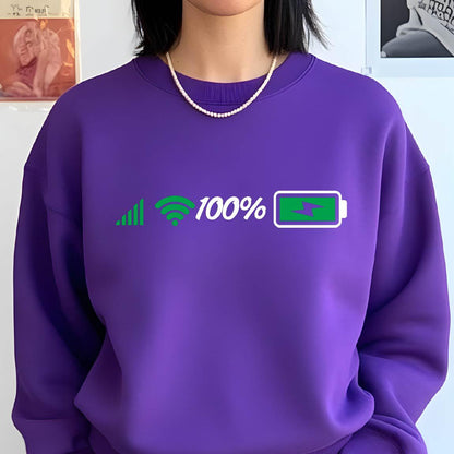 May include: Purple sweatshirt with a green graphic of a wifi signal, 100%, and a battery icon with a lightning bolt inside.