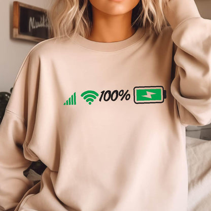 May include: A beige sweatshirt with a green wifi symbol, the text "100%", and a green battery icon with a lightning bolt inside.