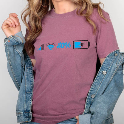 May include: A mauve t-shirt with a graphic of a phone signal, wifi symbol, 50% battery, and a low battery icon.