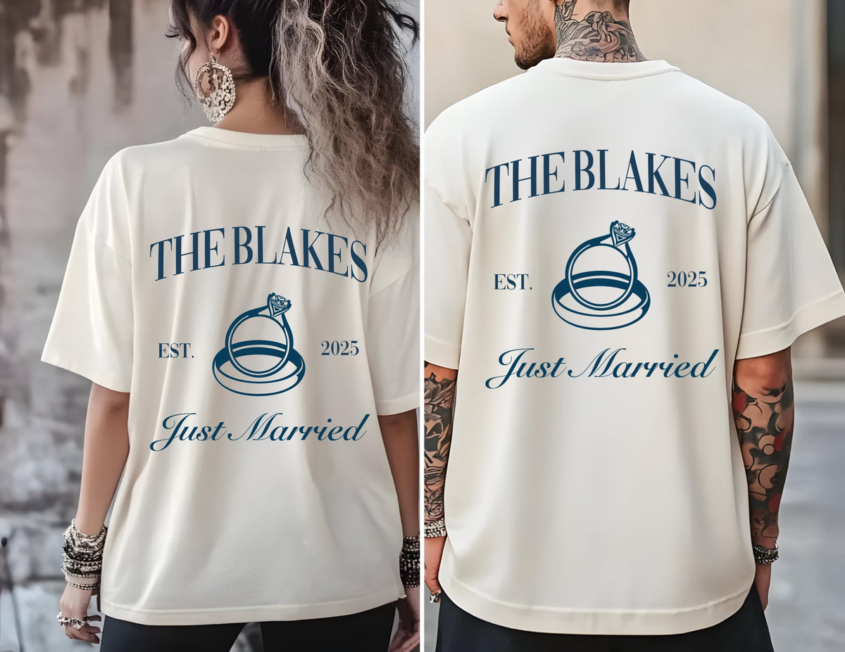 May include: Two white t-shirts with the text "The Blakes Est. 2025 Just Married" and a graphic of two interlocking rings with a diamond. 
