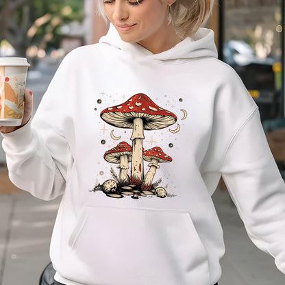 May include: White hoodie with a graphic of three red and white mushrooms with white stems against a background of white stars and crescent moons.