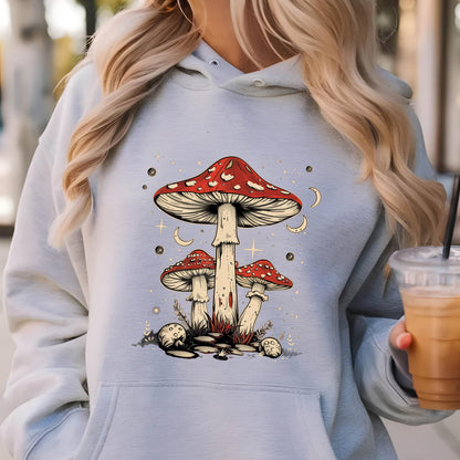 May include: A light gray hoodie with a graphic of three red and white mushrooms with white stems against a blue background with white stars and crescent moons.