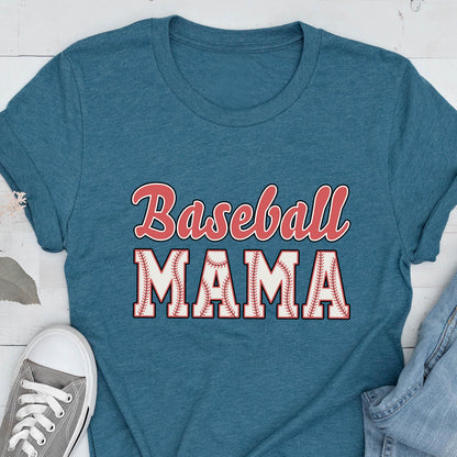 May include: A teal blue t-shirt with the text "Baseball Mama" in red and white. The word "Mama" is surrounded by a white baseball stitch design.