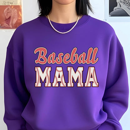 May include: A purple crewneck sweatshirt featuring the text Baseball MAMA printed on the front. The word Baseball is in a red script font, while the word MAMA is in a white block font with a baseball stitch pattern and a dark red outline.