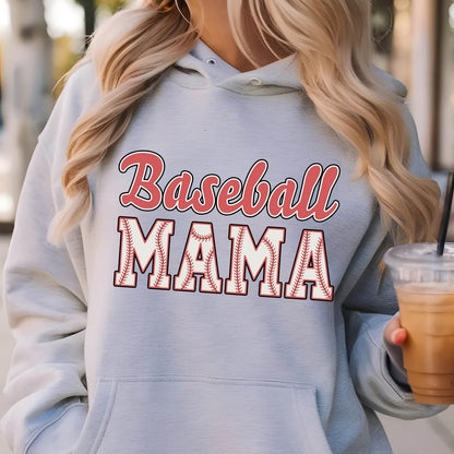 May include: A light blue hooded sweatshirt featuring the text Baseball MAMA printed on the front. The word Baseball is in a red script font, while the word MAMA is in large block letters with a white baseball stitch pattern and red outlines.