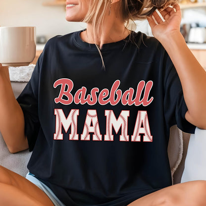 May include: A black t-shirt with the text "Baseball Mama" in red and white. The word "Mama" is surrounded by a white baseball stitch design.