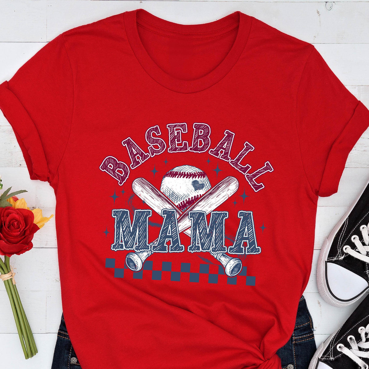 May include: Red t-shirt with a baseball graphic and the text "Baseball Mama".