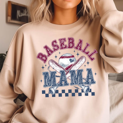 May include: A beige sweatshirt with a graphic design of a baseball, bats, and the text "BASEBALL MAMA" in red and blue.