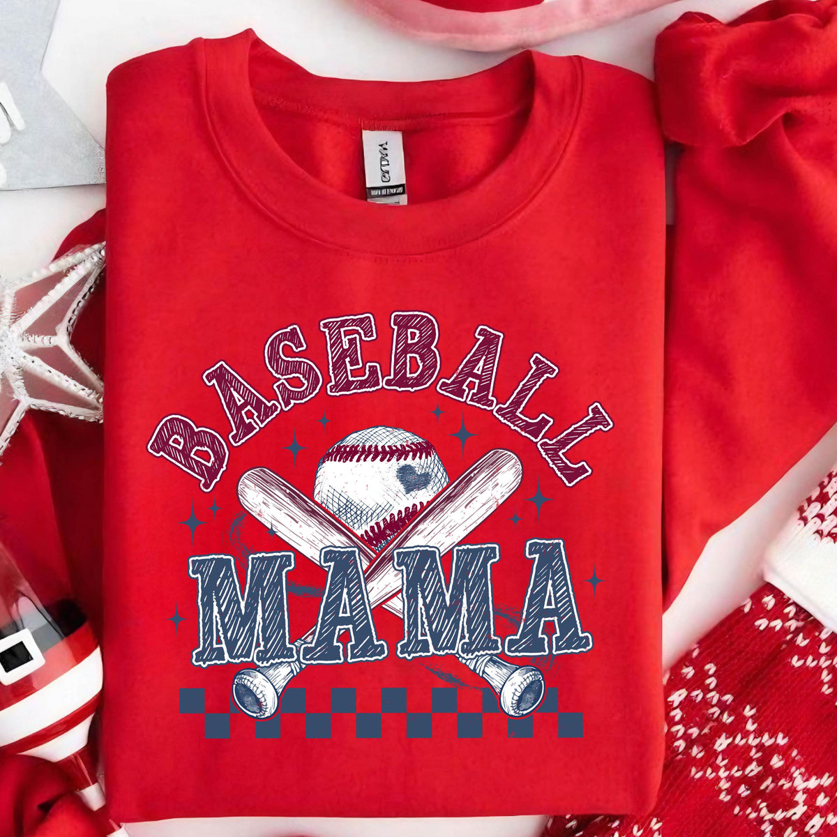 May include: Red sweatshirt with a white graphic design that says "Baseball Mama" with a baseball and crossed bats.