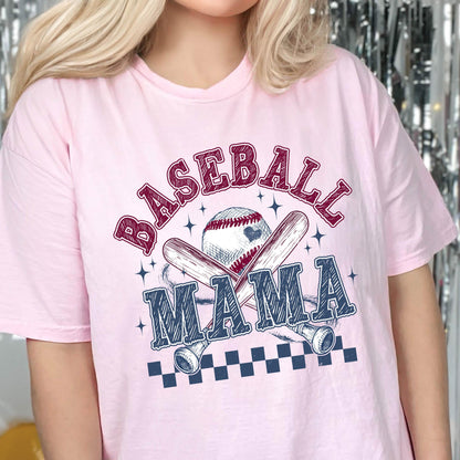 May include: Pink t-shirt with a baseball graphic and the text "Baseball Mama" in a vintage style.