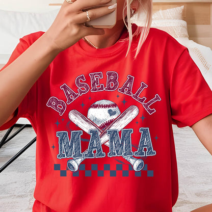 May include: Red t-shirt with a white baseball and crossed bats graphic. The text "Baseball Mama" is written in a blue and white font.