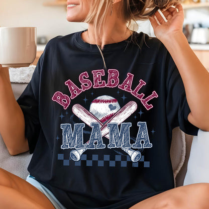May include: Black t-shirt with a white baseball and crossed bats graphic. The text "Baseball Mama" is written in a white, stylized font.