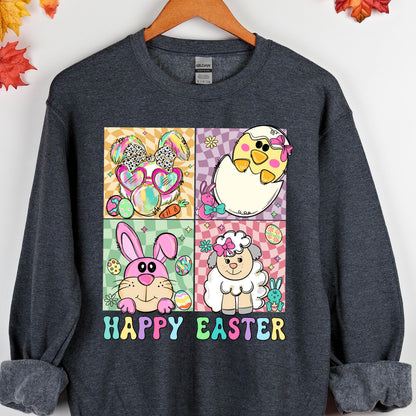 May include: A dark grey sweatshirt with a colorful graphic print of four Easter animals. The animals are a bunny, a chick, a lamb, and a rabbit. The graphic is surrounded by a colorful border and the text "Happy Easter" is printed below the graphic.