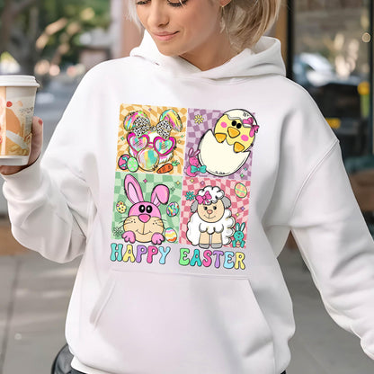 May include: White hoodie with a colorful graphic of Easter animals and eggs. The graphic includes a bunny, a chick, a lamb, and eggs. The text "Happy Easter" is printed below the graphic.