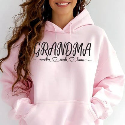 May include: Pink hoodie with the text "Grandma" and the names "Amelia", "Noah", and "Luna" written below in a cursive font.