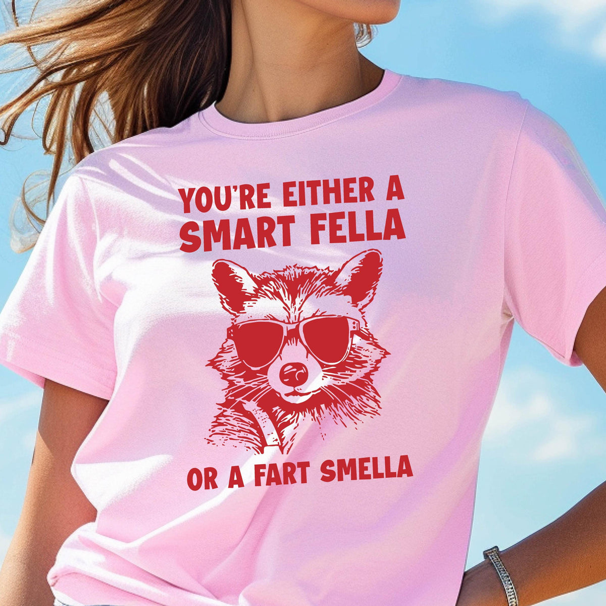 May include: Pink t-shirt with a red raccoon wearing sunglasses and the text "You're either a smart fella or a fart smella".